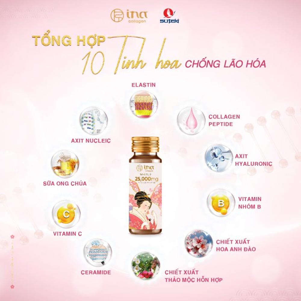 Nước uống Collagen Peptide INA  25,000mg (Hộp 10 chai x 50ml)